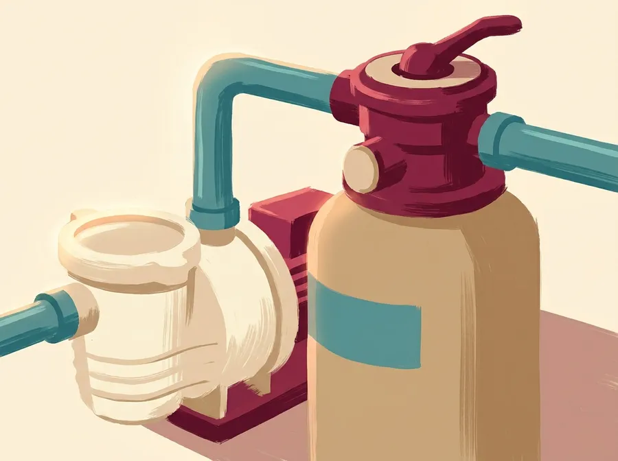 Close object study of generic pool-service equipment, a pump housing, a cartridge filter, and a multiport valve handle, no brand marks visible.