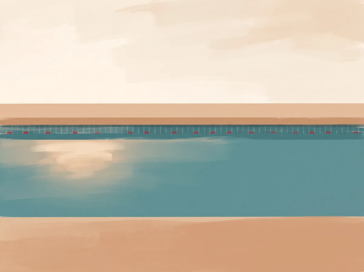 Stylised illustration of a backyard pool's coping edge and waterline tile under open sky, still water with a single sun glint, no people.